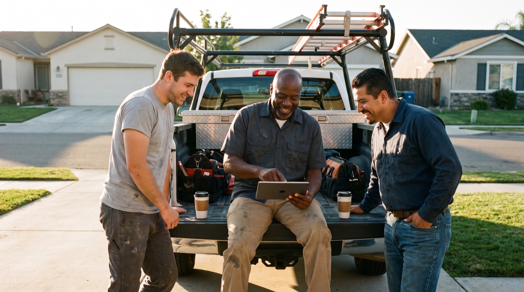 Three tradespeople at a truck tailgate looking at an iPad together
