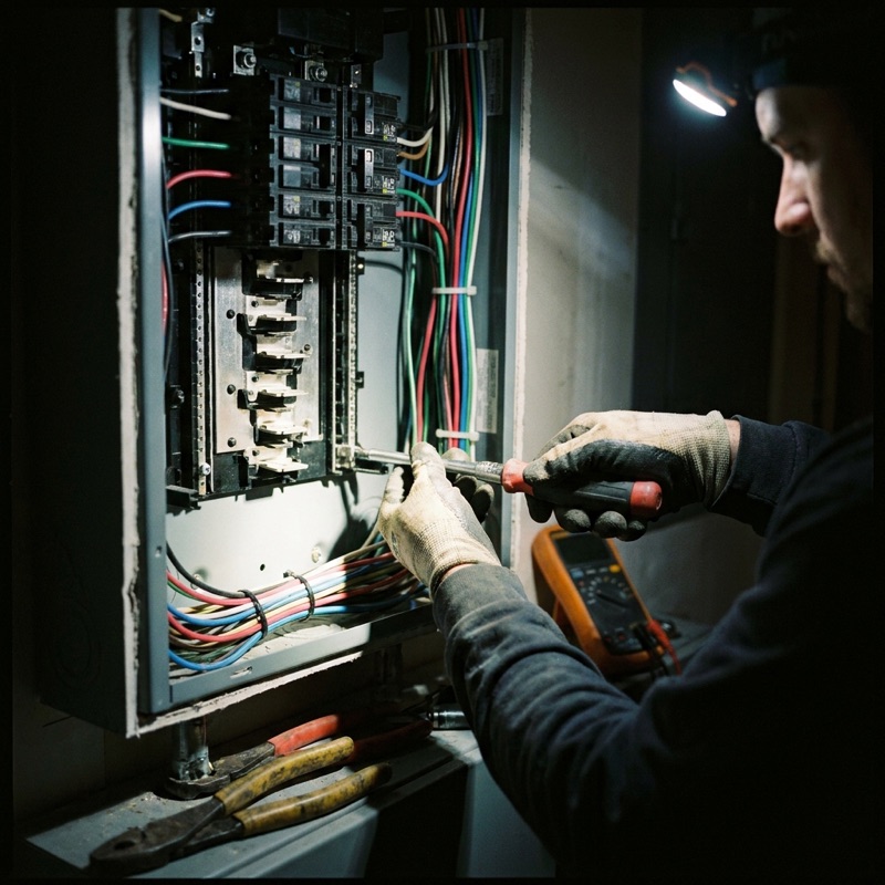 An electrician landing conductors in a breaker panel