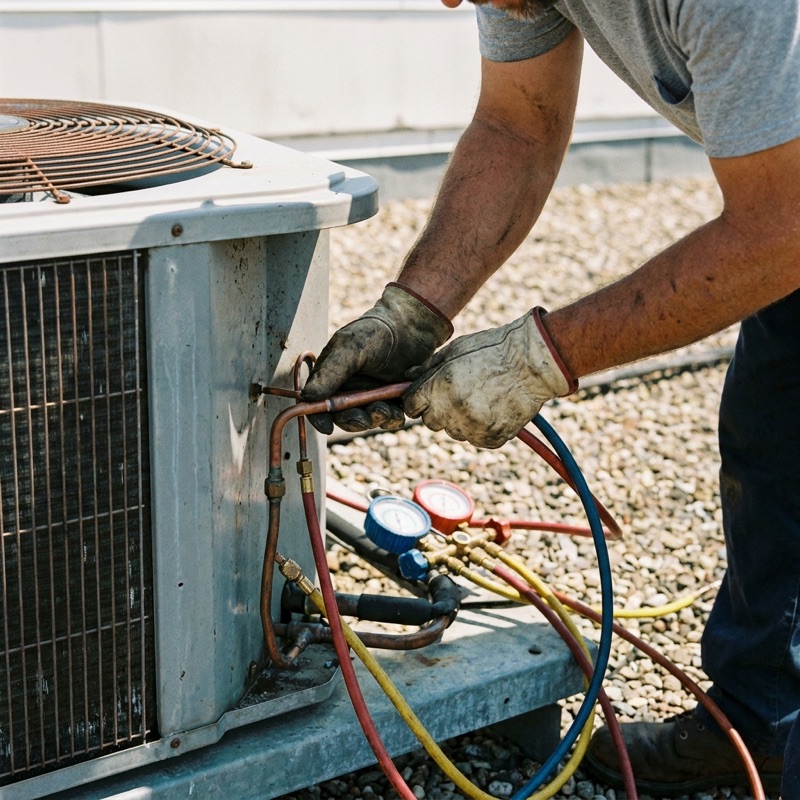 A technician's hands on a rooftop condenser line set
