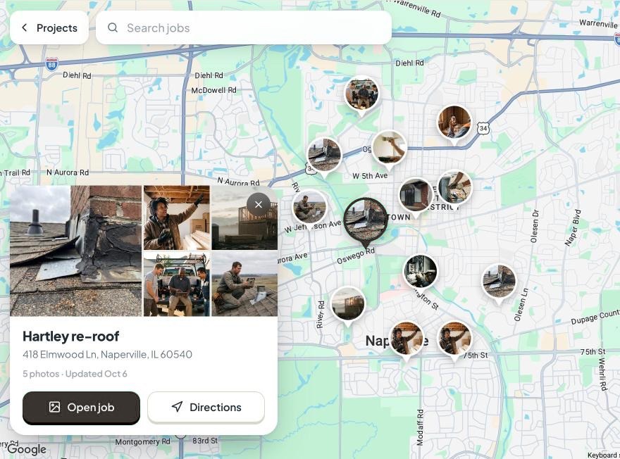 The TradeReel job map: job sites shown as photo pins across a town, with one job's card open showing its photos, address and directions