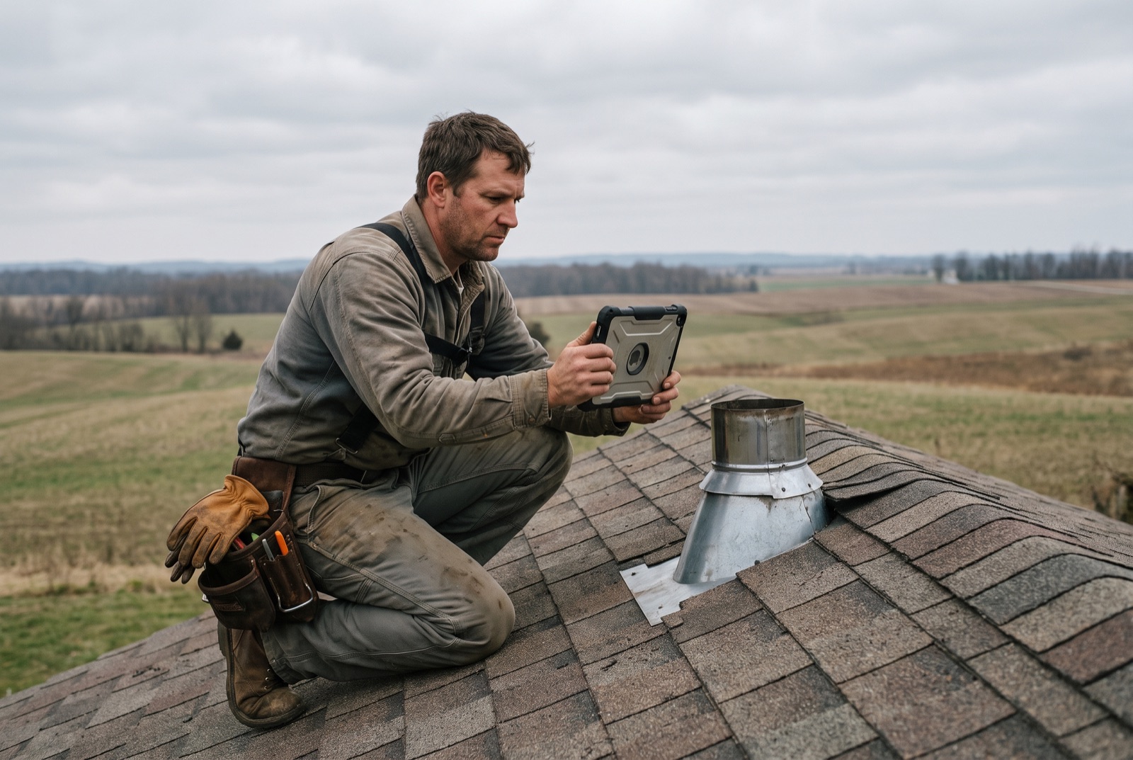 A roofer photographing chimney flashing on an iPad, farmland behind
