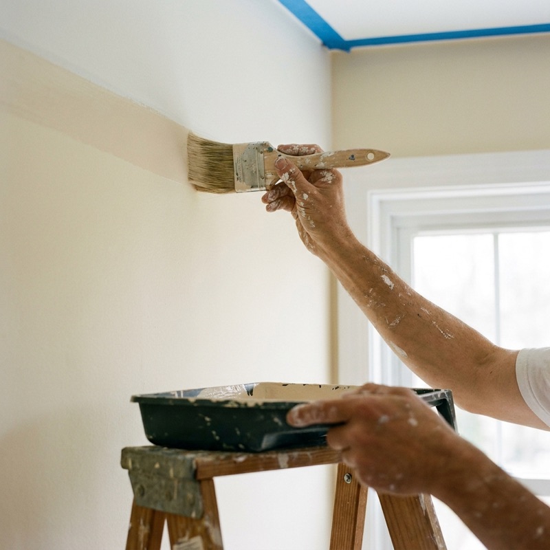 A painter cutting in a ceiling line