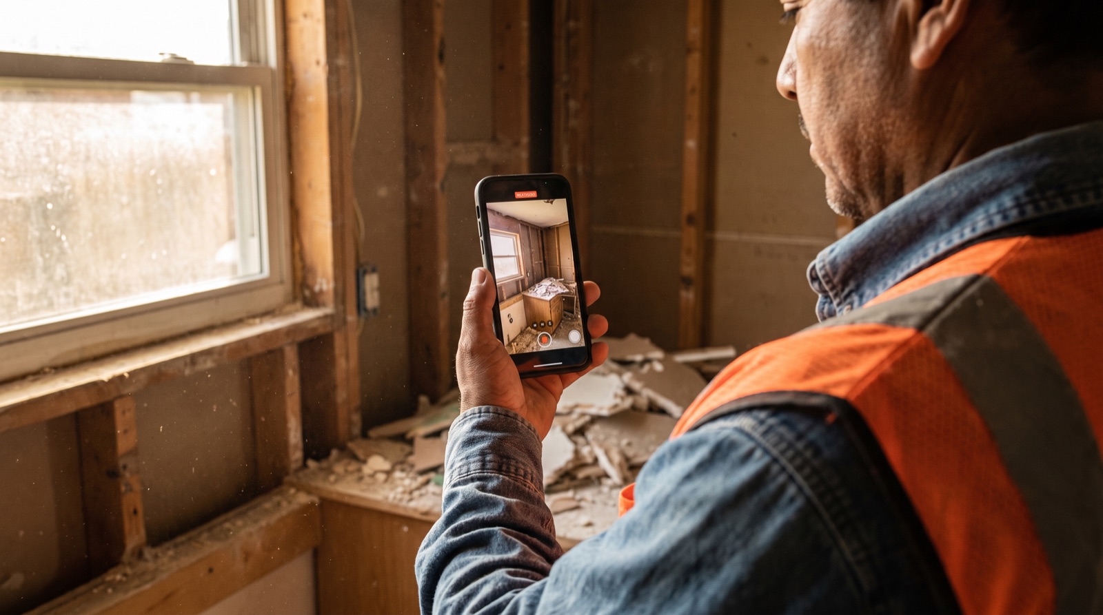 A contractor recording video of a demolished kitchen on a phone
