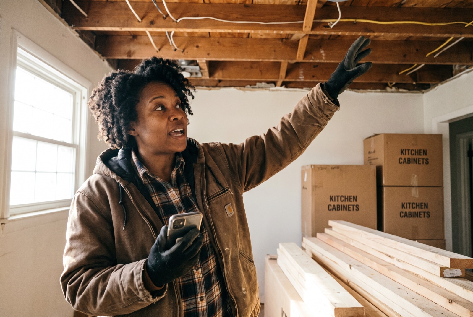 A contractor talking through a gutted kitchen while holding a phone as a recorder